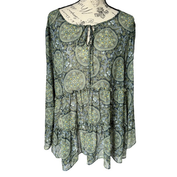 Ann Taylor Loft Tops - Loft Blouse Paisley Sheer XL‎ Green Boho Peasant Baby Doll Tiered Bell Sleeve